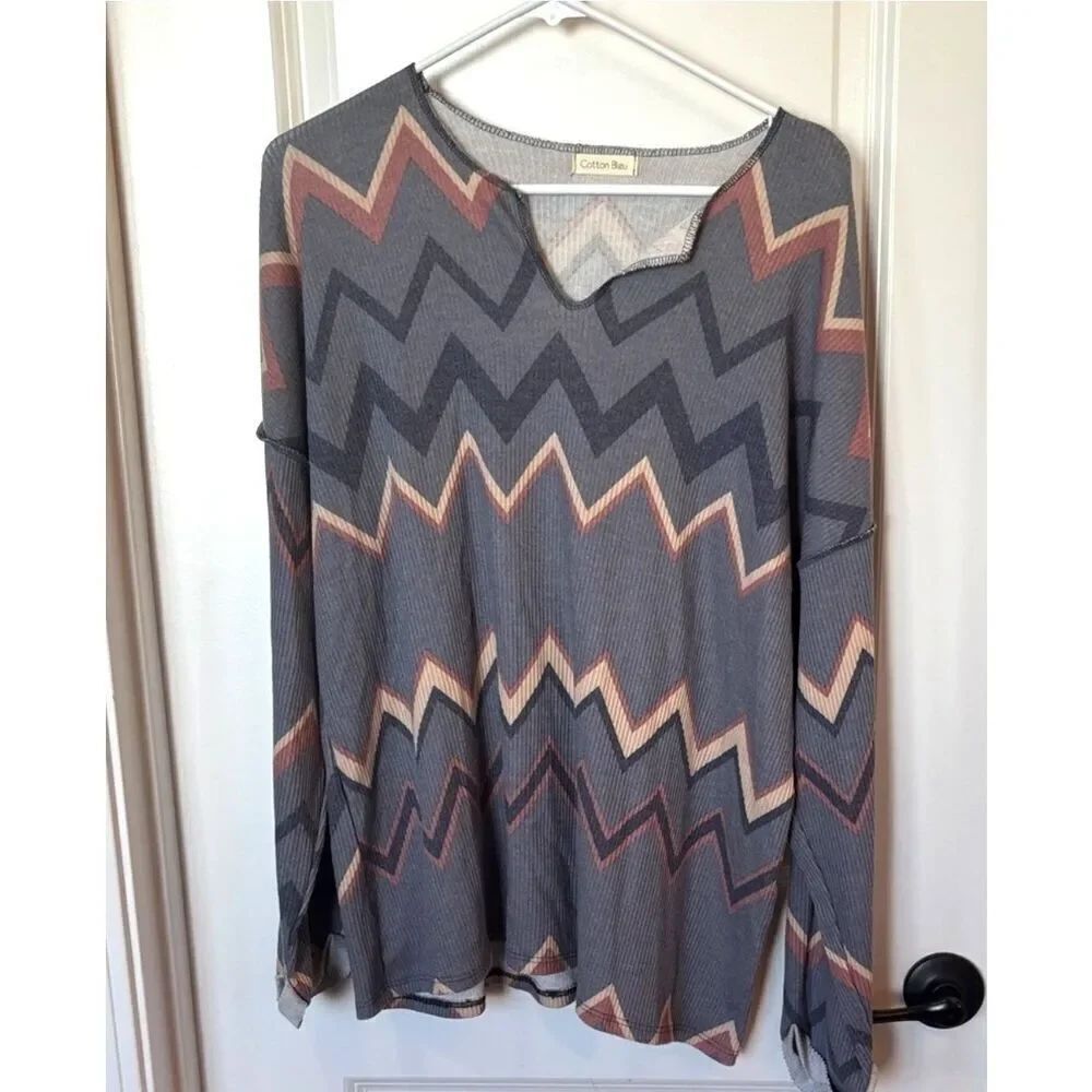Cotton Bleu Loose Fit Long Sleeve Top Womens Size M Chevron Ribbed Stretch
